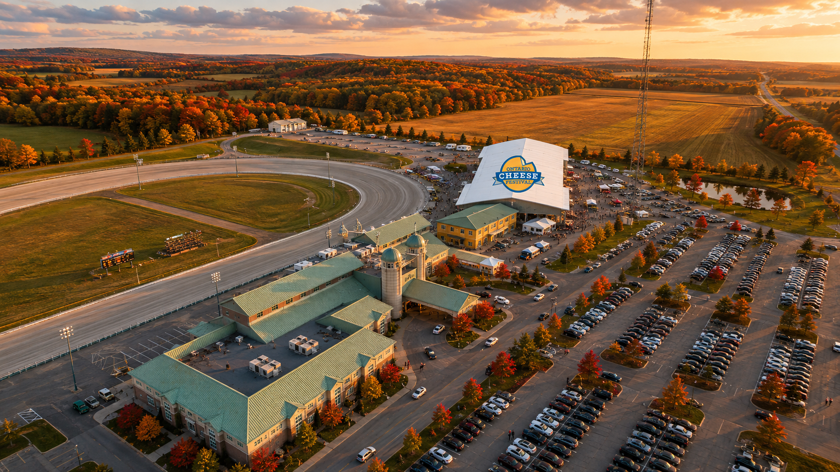 An aerial view of the Grand RIver Raceway in Elora, Ontario in the Fall