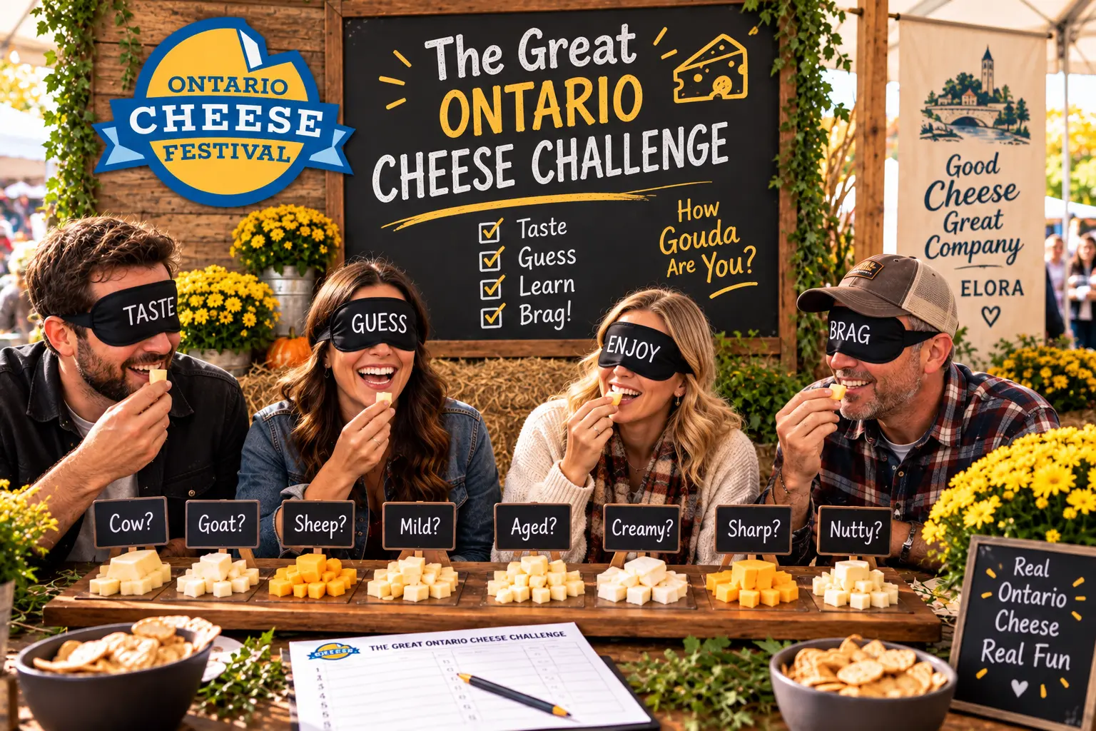 Friends having fun in a cheese tasting challenge